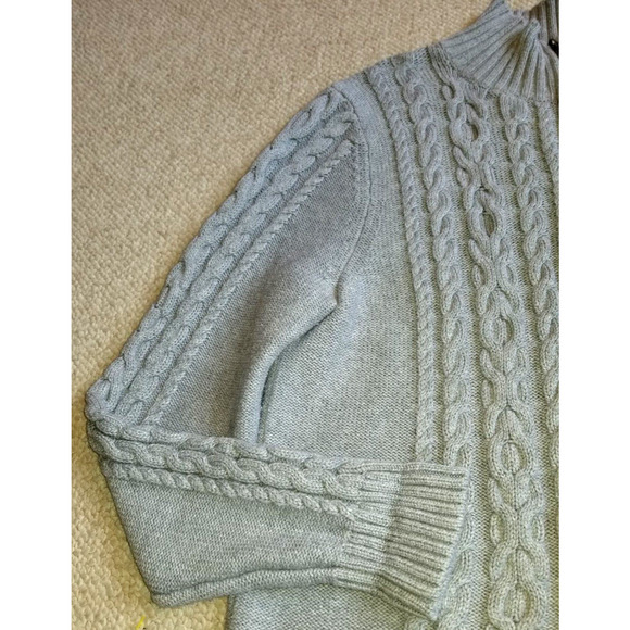 Womens Sweater-L.L. BEAN-gray 100% cotton cable-knit zip cardigan long sleeves-L - Picture 2 of 4